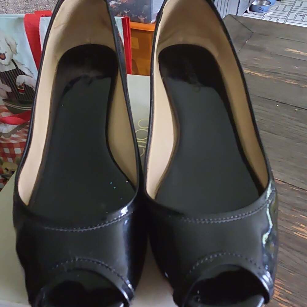 Jimmy Choo Black Patent Leather Peep Toe Heels